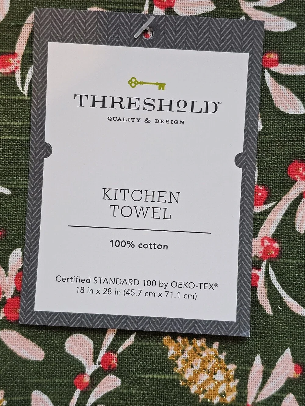 Threshold 3 Pack Cotton Kitchen Towel Green With Winter Berries